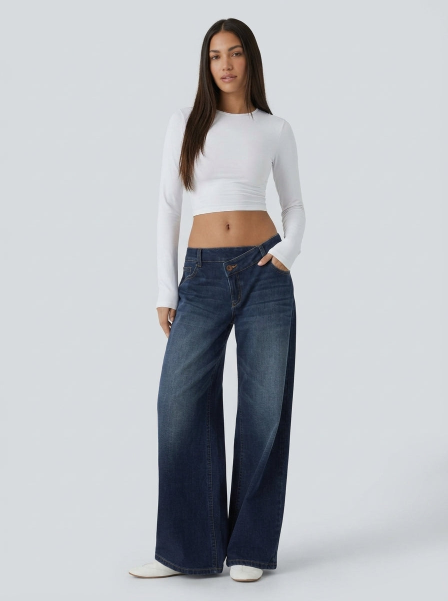 Jean wide leg cintura asimétrica Azul Pintado - tres cuartos
