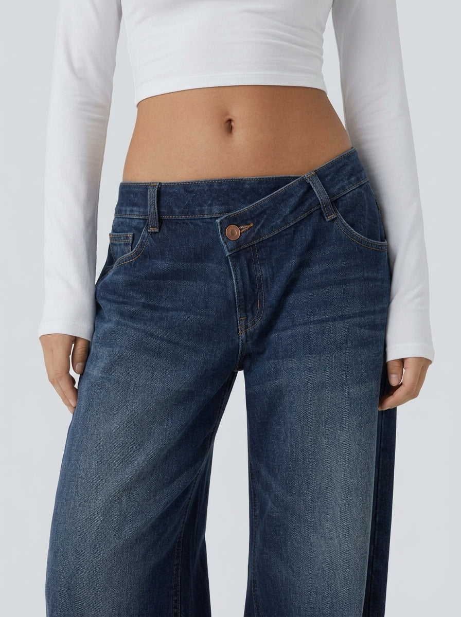 Jean wide leg cintura asimétrica Azul Pintado - detalle cintura asimétrica