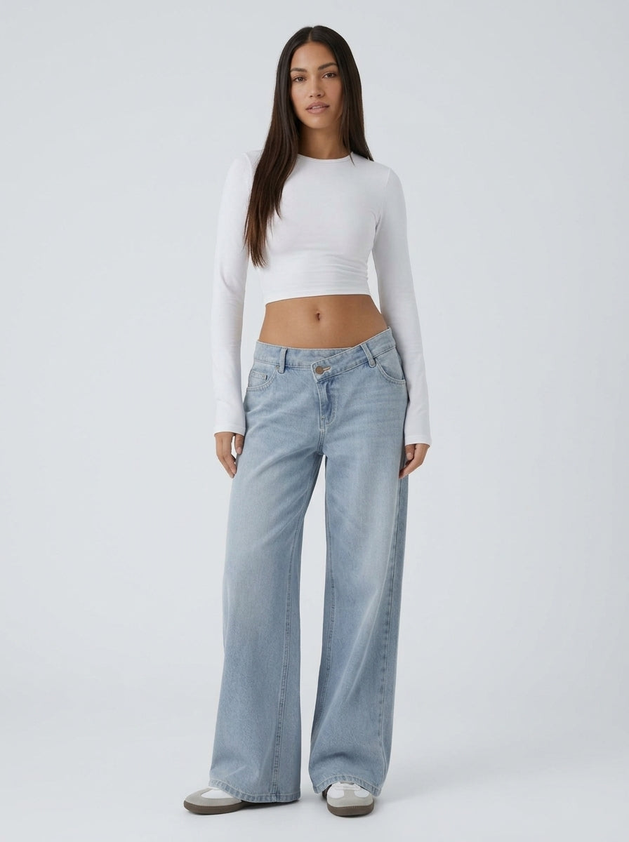 Jean wide leg cintura asimétrica Azul Claro - de frente