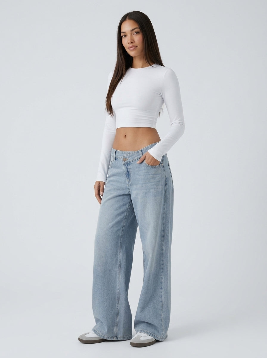 Jean wide leg cintura asimétrica Azul Claro - tres cuartos