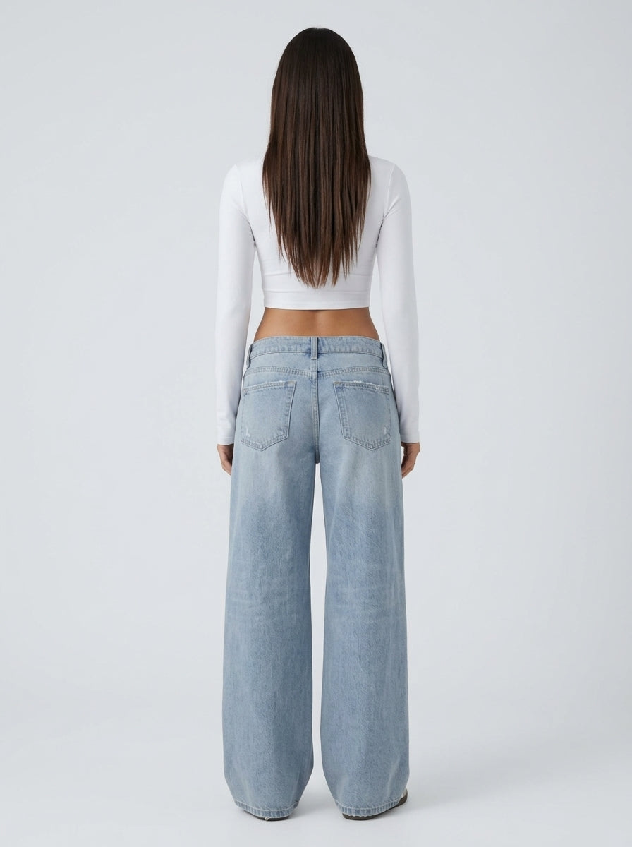 Jean wide leg cintura asimétrica Azul Claro - espalda