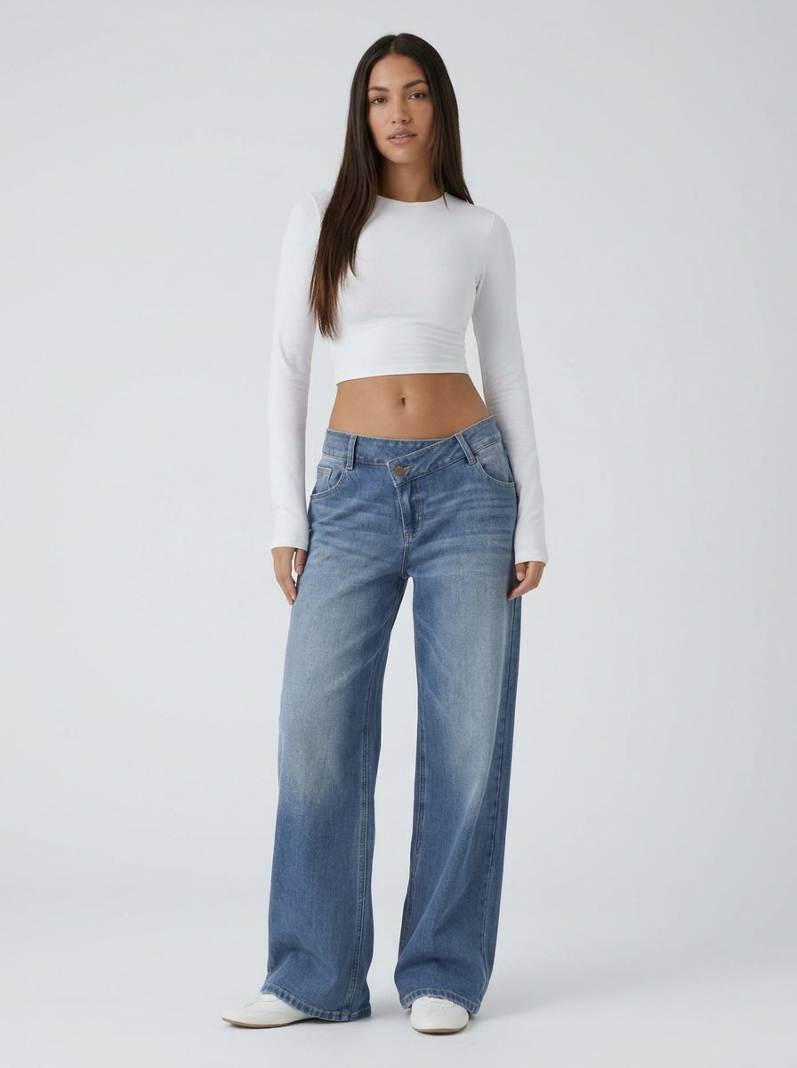 Jean wide leg cintura asimétrica Azul Pino - de frente