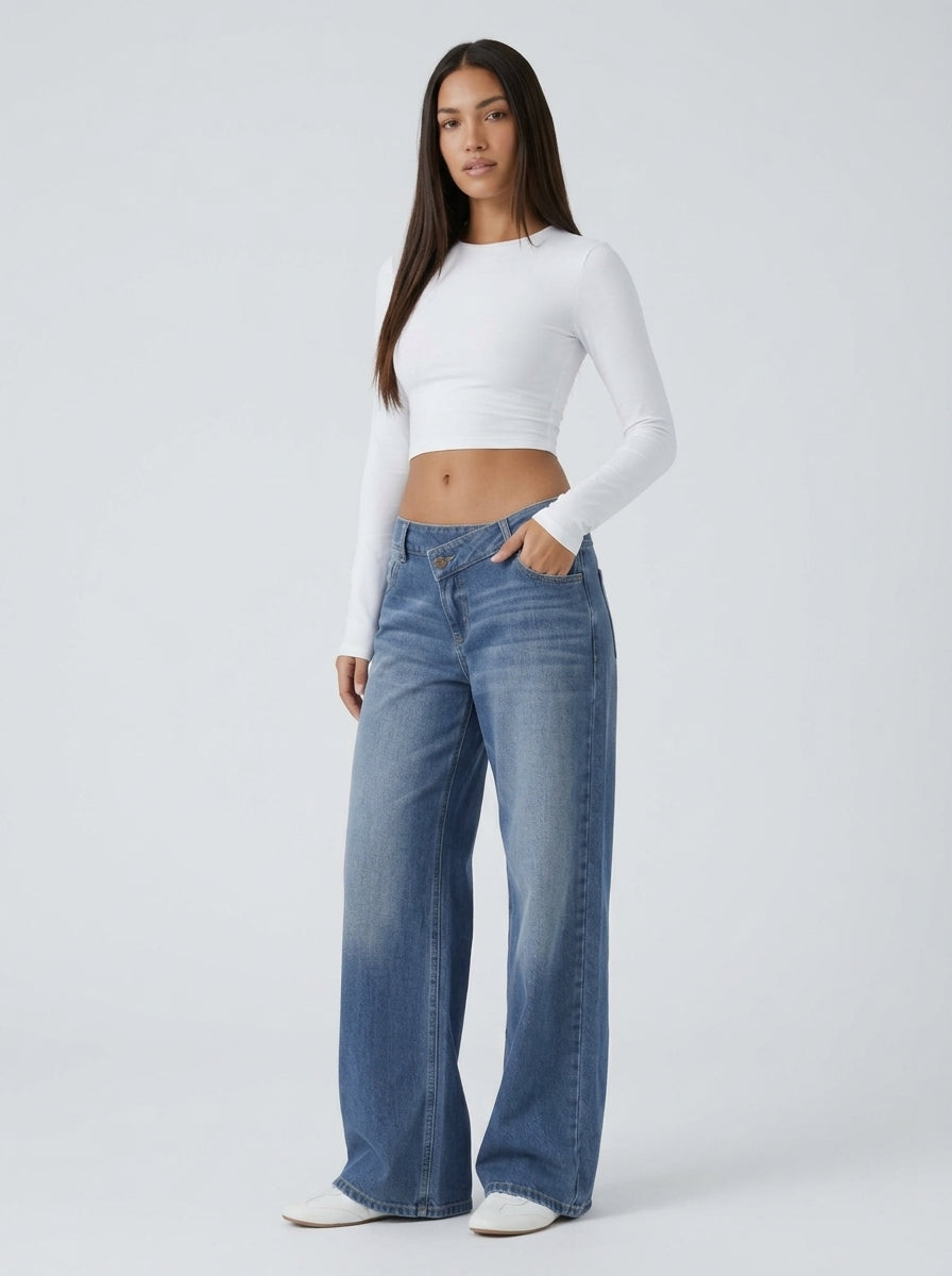 Jean wide leg cintura asimétrica Azul Pino - tres cuartos