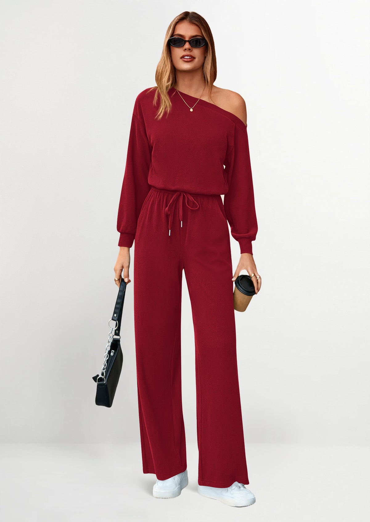 Jumpsuit Manga Larga Hombro Descubierto | Mono Pierna Ancha Fluido