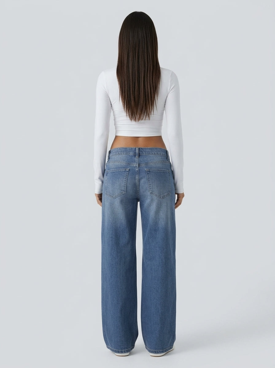 Jean wide leg cintura asimétrica Azul Pino - espalda