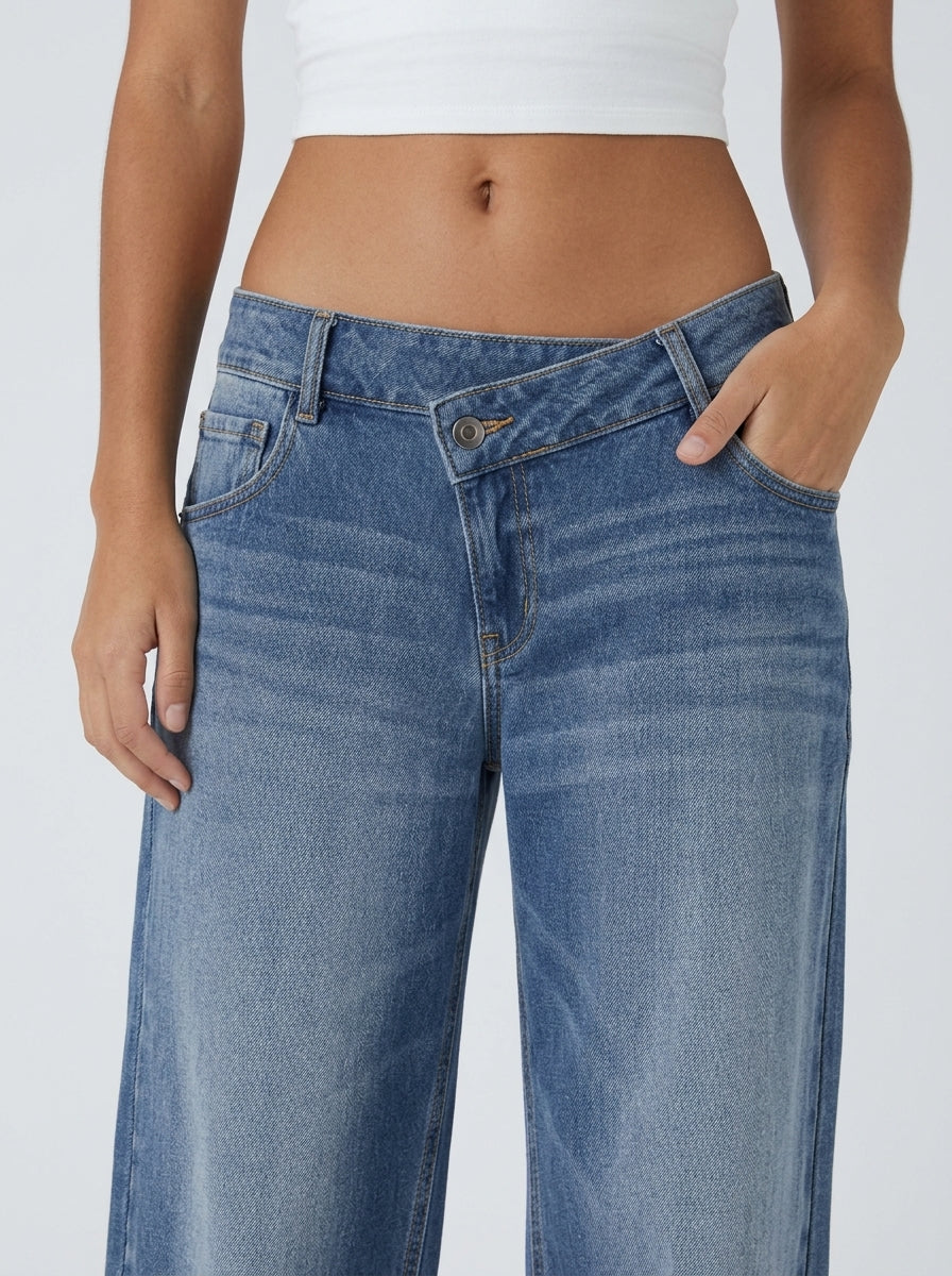 Jean wide leg cintura asimétrica Azul Pino - detalle cintura asimétrica