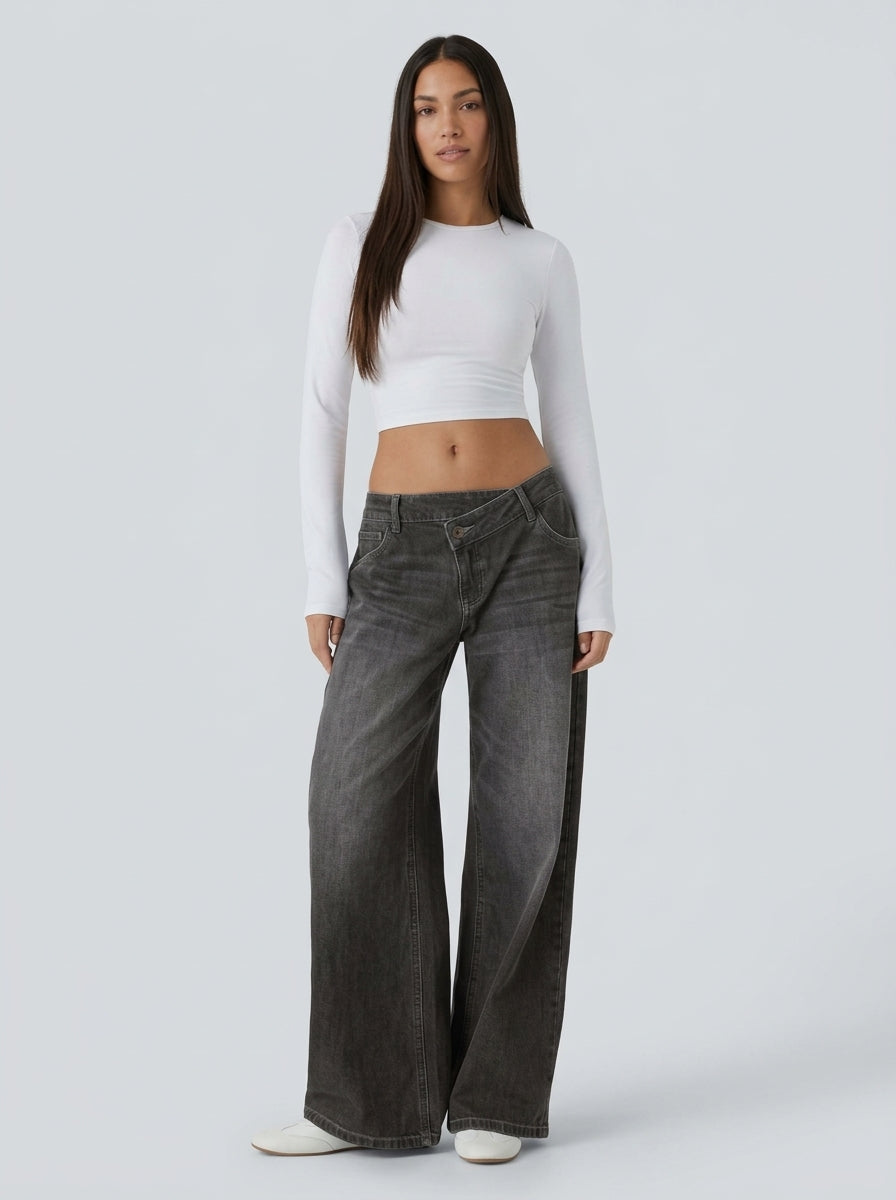 Jean wide leg cintura asimétrica Gris Frío - de frente