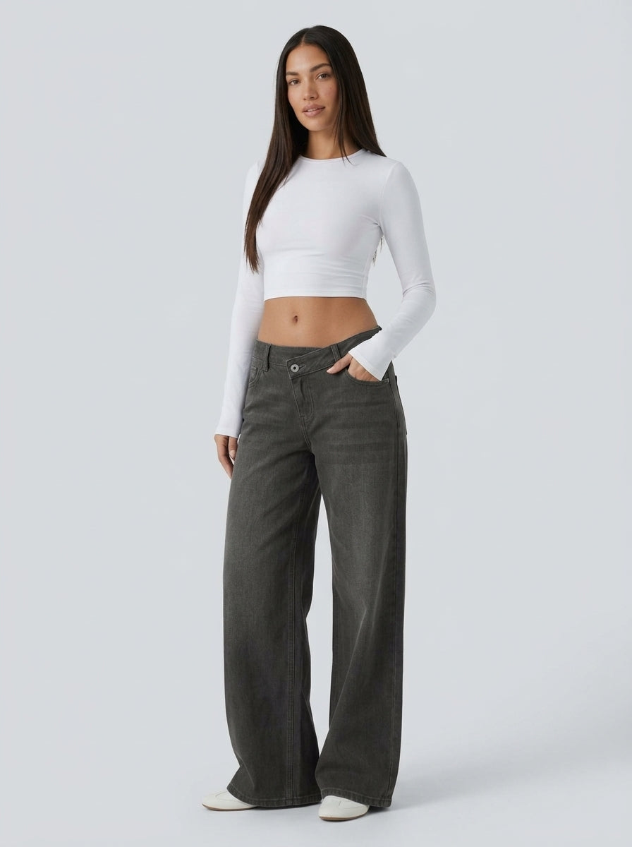 Jean wide leg cintura asimétrica Gris Frío - tres cuartos