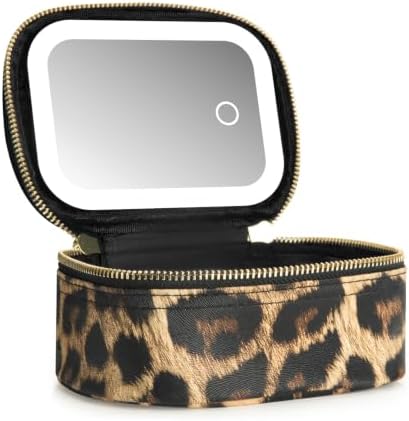 Cosmetiquera con espejo LED encendido, estampado de leopardo