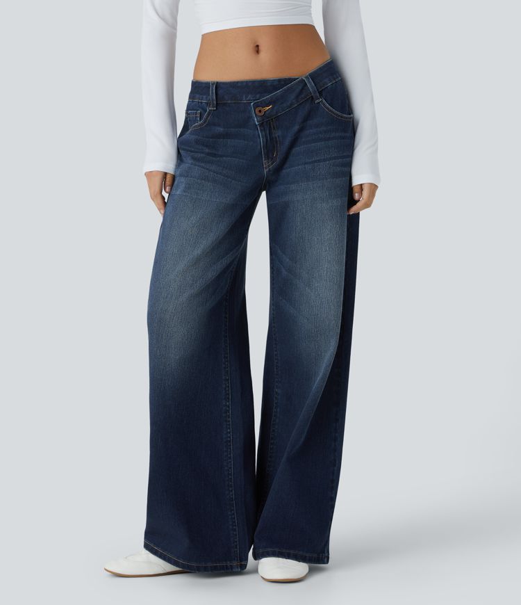 Jeans wide leg stretch cintura asimétrica mujer