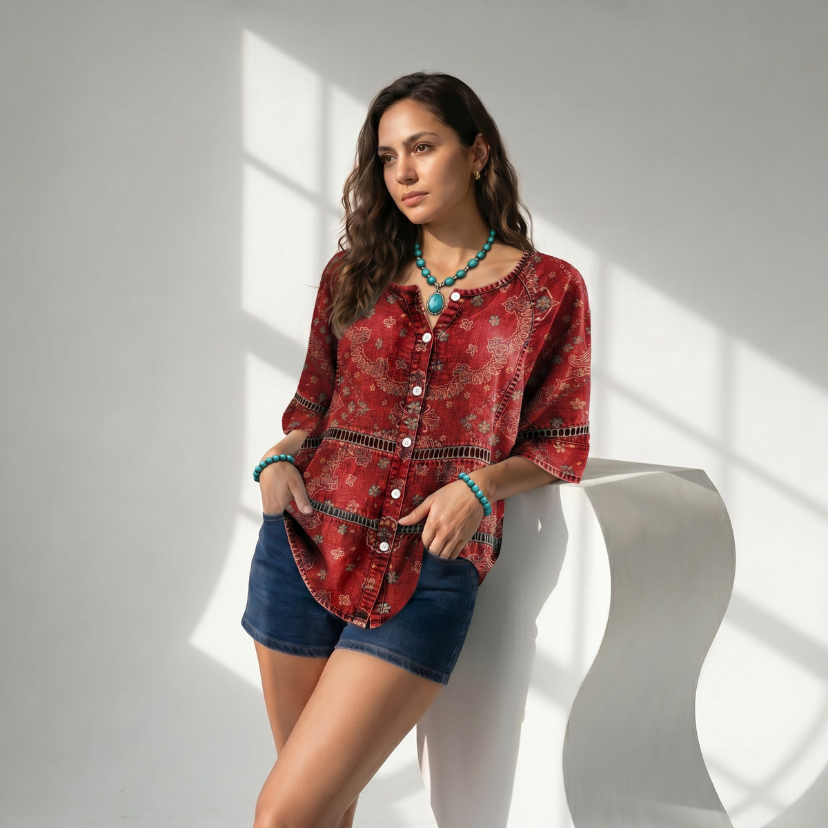Blusa vintage con estampado étnico