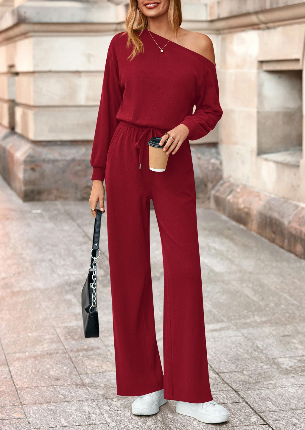 Jumpsuit Manga Larga Hombro Descubierto | Mono Pierna Ancha Fluido