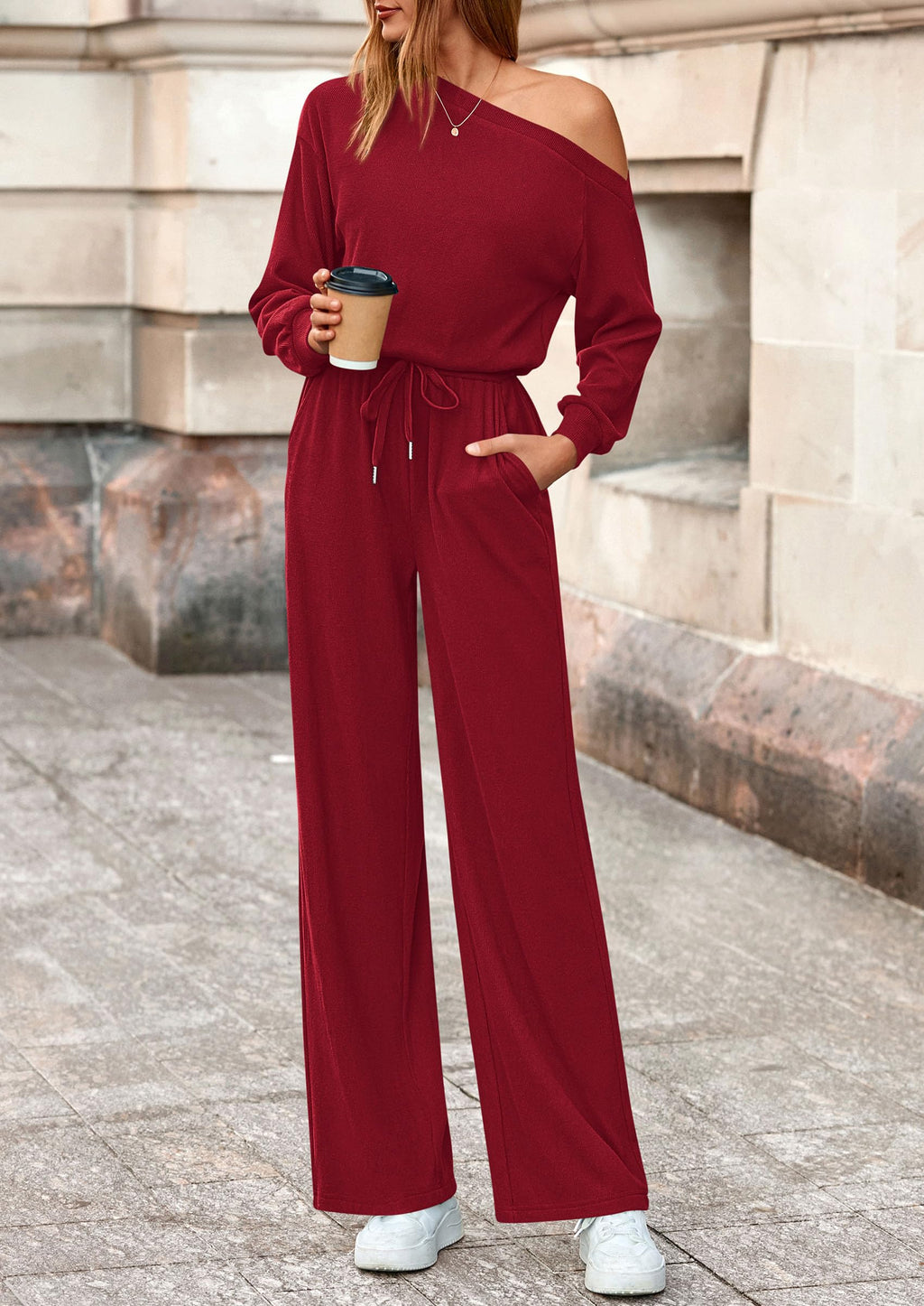 Jumpsuit Manga Larga Hombro Descubierto | Mono Pierna Ancha Fluido