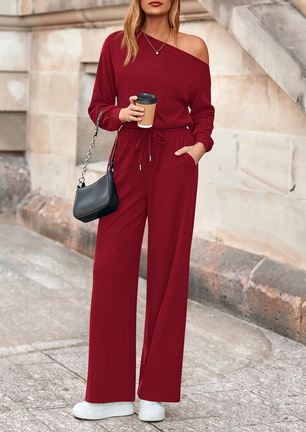 Jumpsuit Manga Larga Hombro Descubierto | Mono Pierna Ancha Fluido