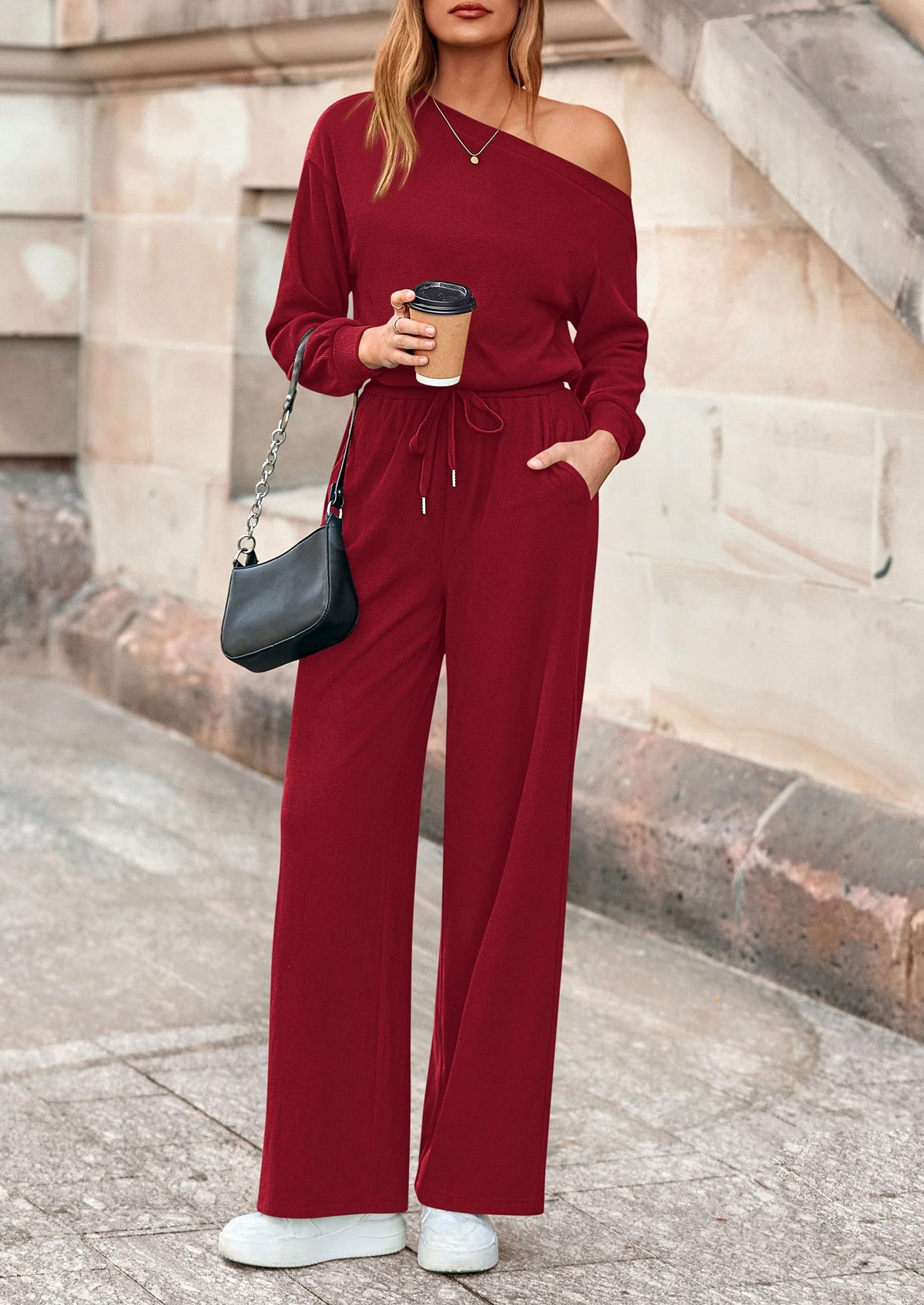 Jumpsuit Manga Larga Hombro Descubierto | Mono Pierna Ancha Fluido