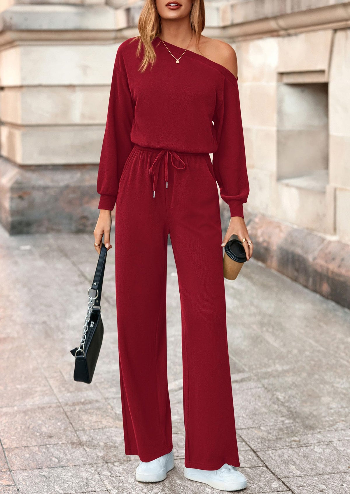 Jumpsuit Manga Larga Hombro Descubierto | Mono Pierna Ancha Fluido