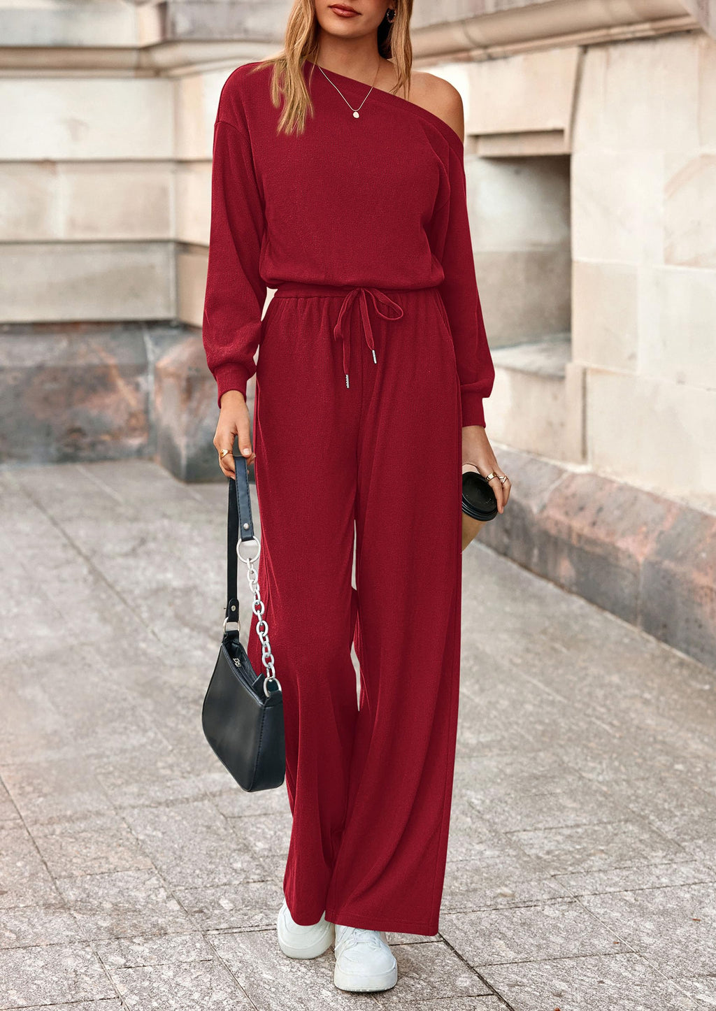 Jumpsuit Manga Larga Hombro Descubierto | Mono Pierna Ancha Fluido