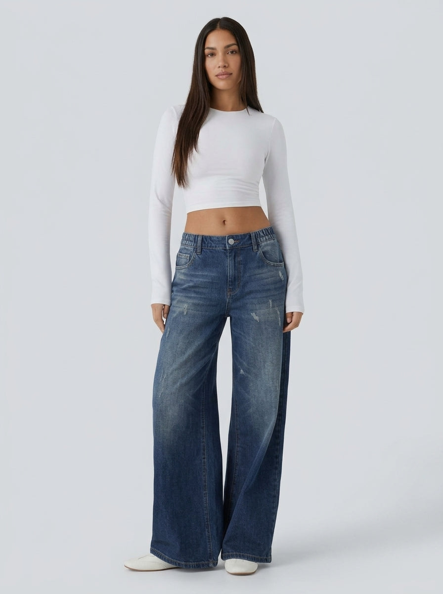 Pantalón wide leg efecto jean - de frente