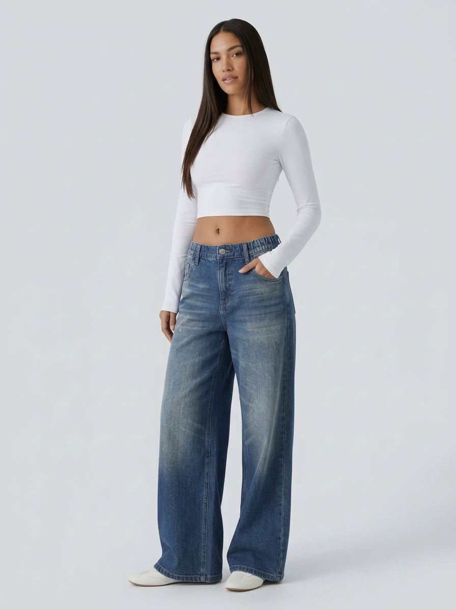 Pantalón wide leg efecto jean - tres cuartos