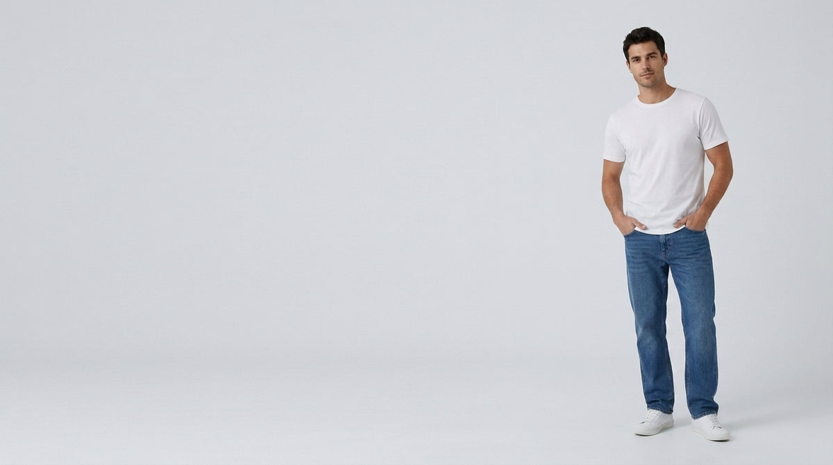 Hombre con jeans rectos y camiseta blanca en estudio