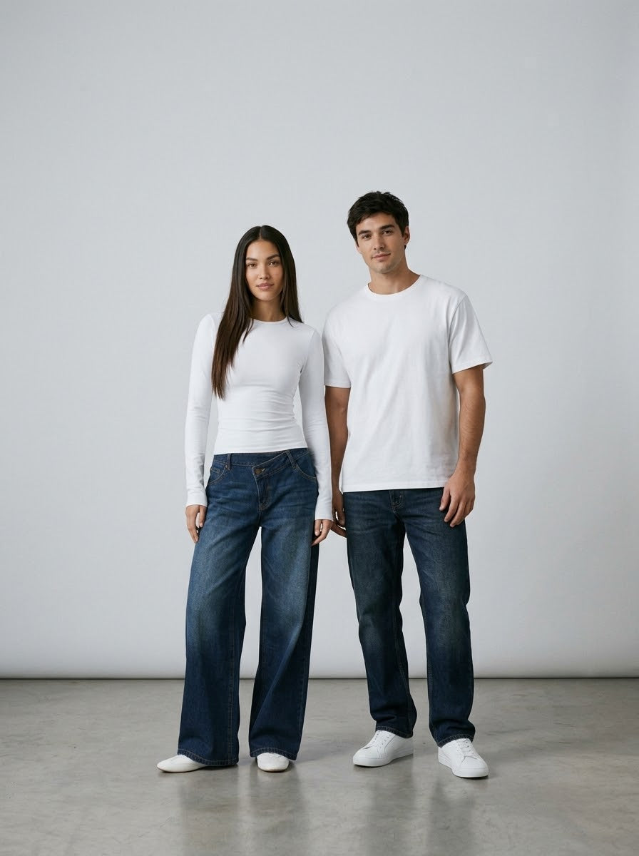 Mujer y hombre con jeans y camiseta blanca en estudio