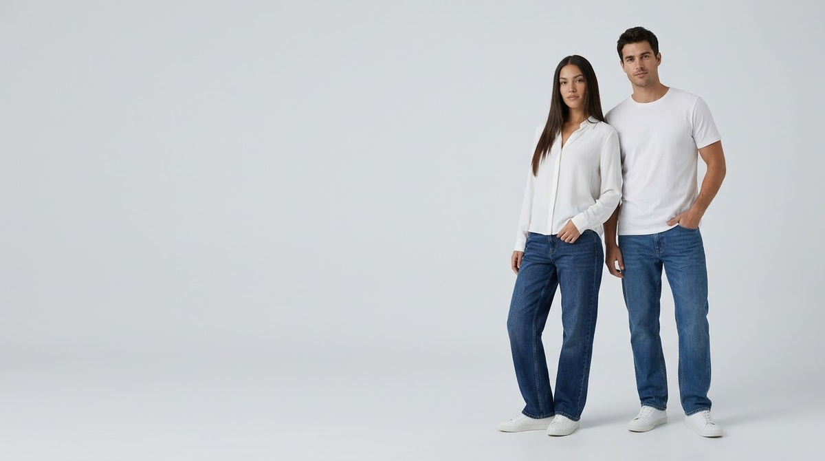 Mujer y hombre con jeans y camiseta blanca en estudio